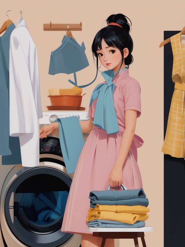 Asian Girl In The Laundry Room