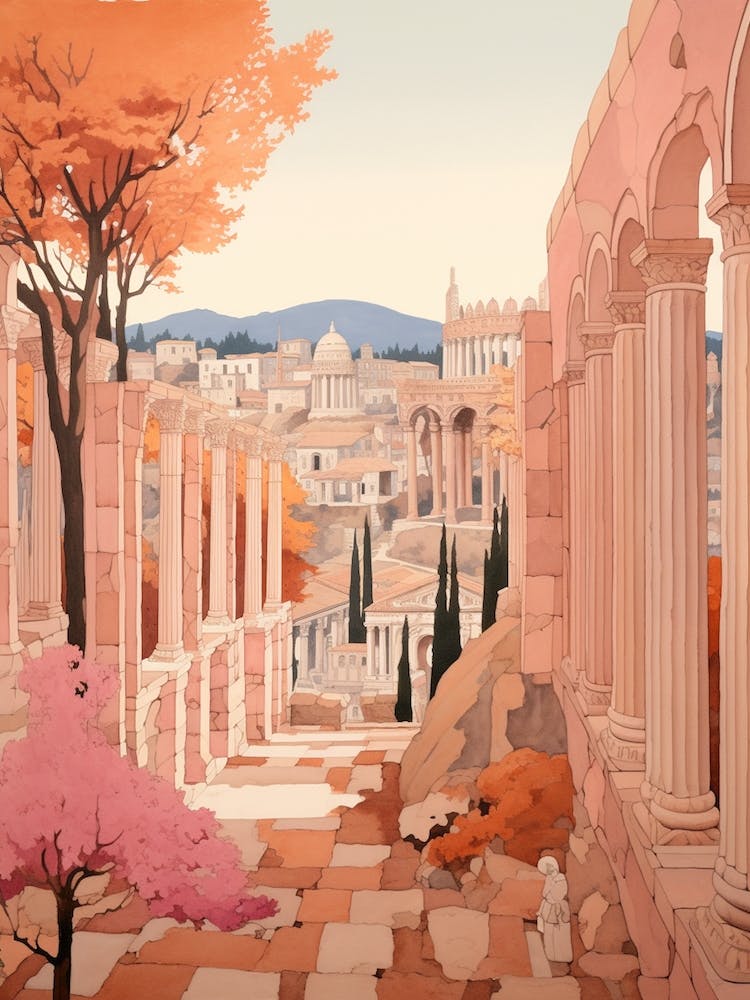 Athens Greece 2 Vintage Pink Travel Illustration