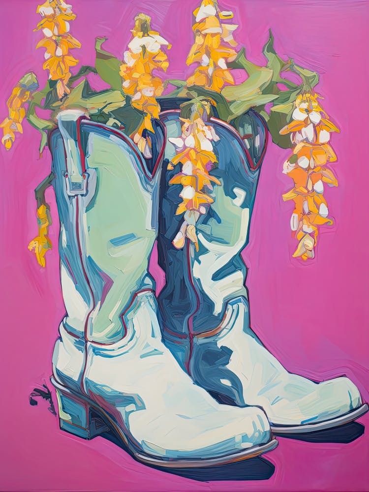 A Painting Of Cowboy Boots With Snapdragon Flowers, Fauvist Style, Still Life 10