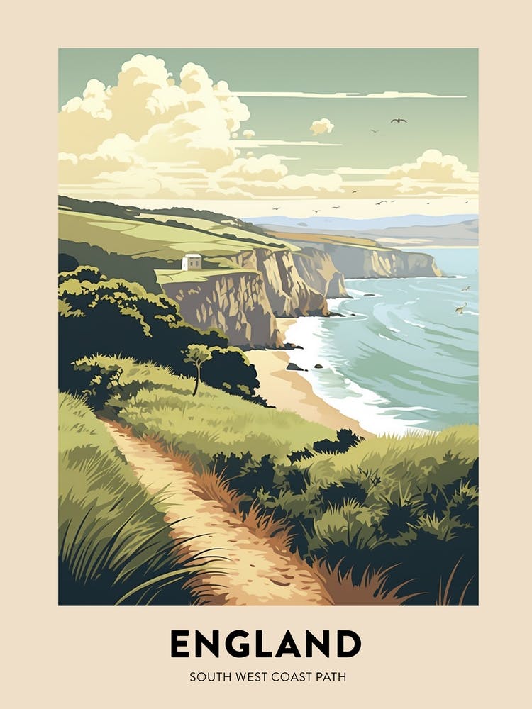 South West Coast Path England 4 Vintage Hiking Travel Poster