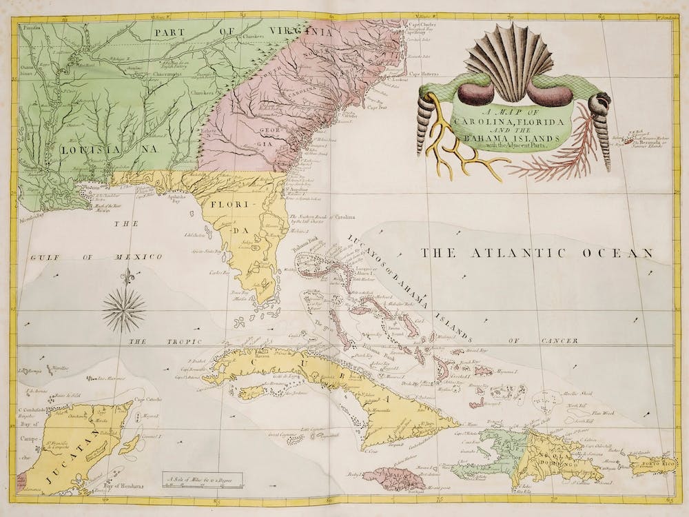 A Map Of Carolina, Florida And The Bahama Islands With The Adjacent Parts From The Natural History Of Carolina, Florida, And The Bahama Islands (1754), Mark Catesby