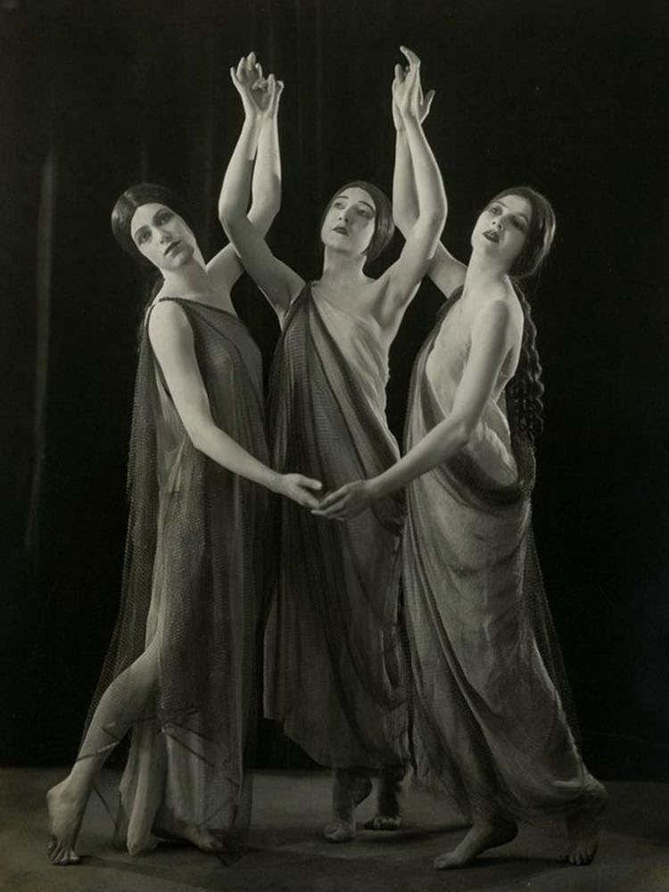 Three Vintage Ladies Dancing - Art Deco 1900s Dance Group Wearing Greek Dress Witches Pagan Ritual Dance Moon Goddess - Remastered High Definition Photograph