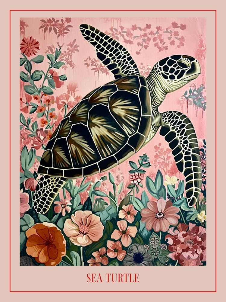 Floral Animal Painting Sea Turtle 3 Poster