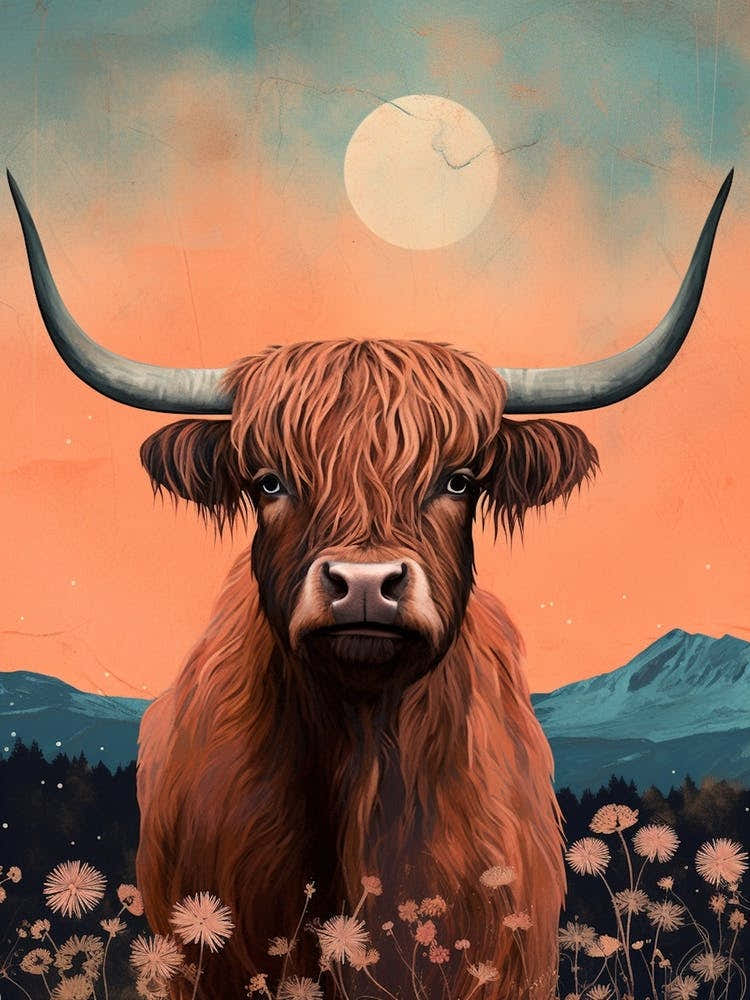 Highland Cow In Moonlight Textured Illustration 1