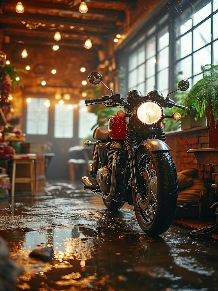 Triumph Motorcycle Parked In A Garage