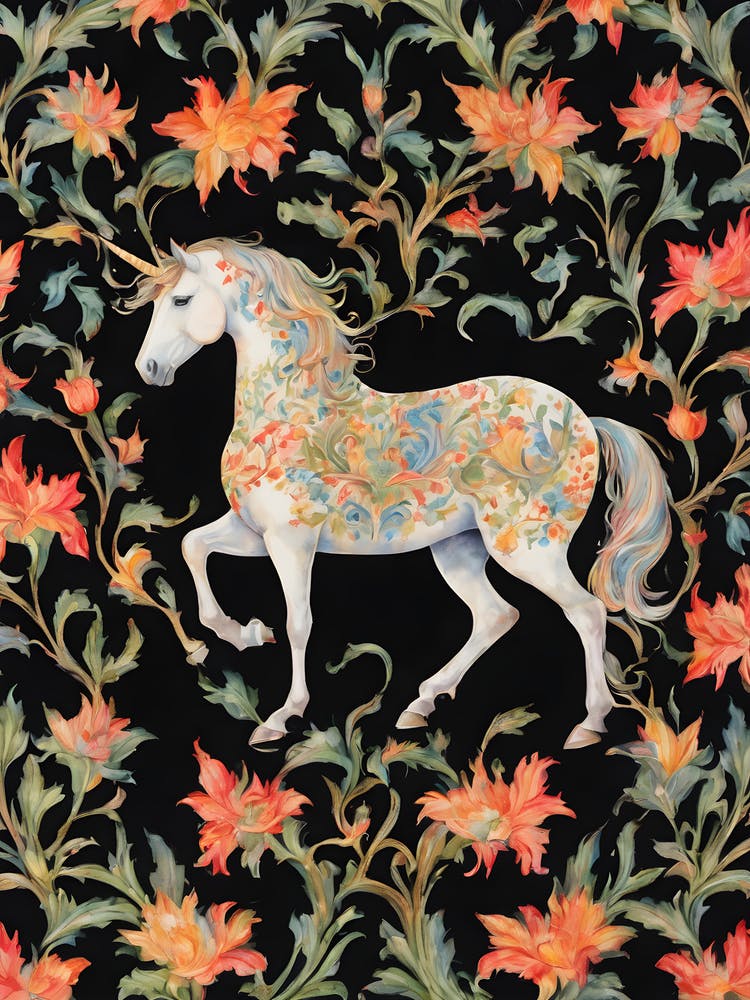 Unicorn Prince Among The Wildflowers ~ Mugwort and Datura Art Nouveau Daisy Colorful Flowers Room Decor Bohemian Pagan Textile Artwork Ornate Tarot Witchy Fairytale Watercolor Black Background Modern Twist