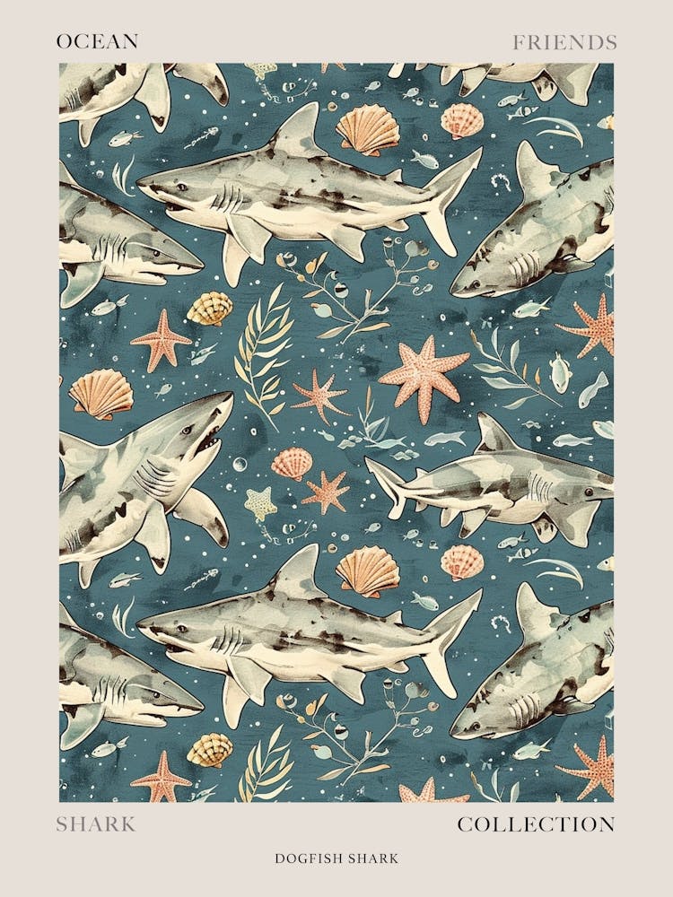 Pastel Blue Dogfish Shark Watercolour Seascape Pattern 1 Poster