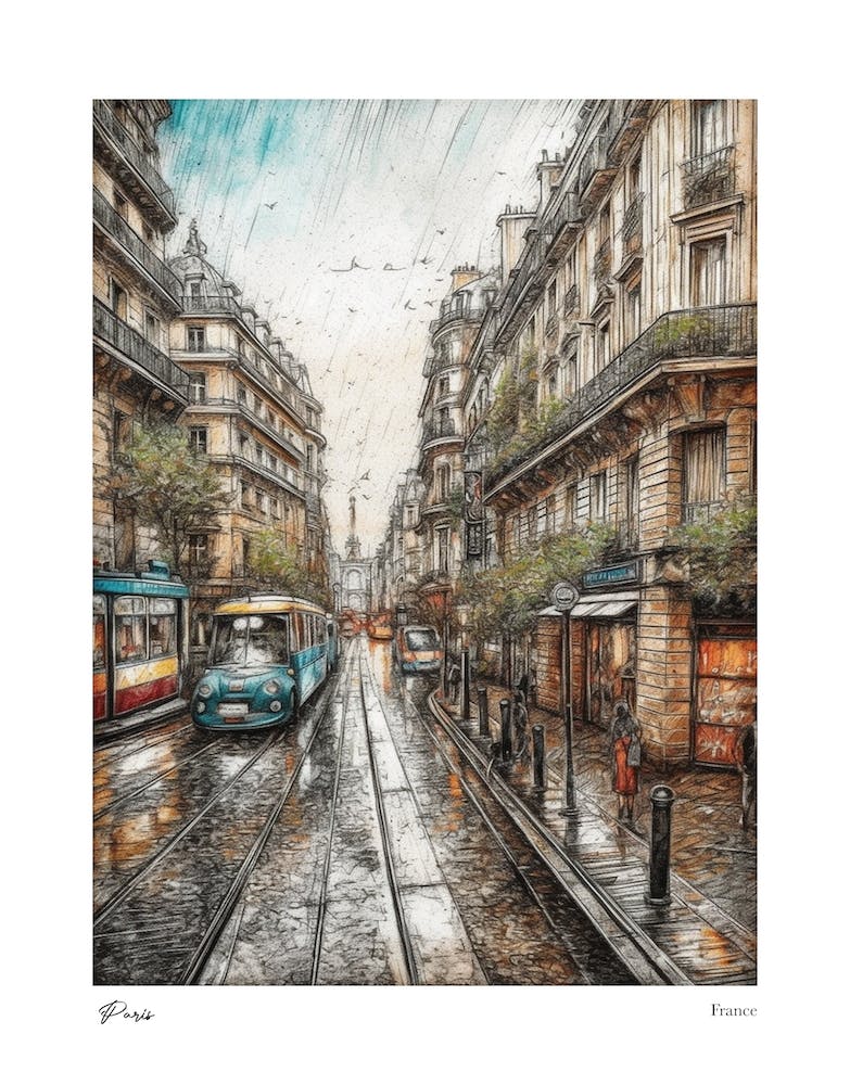 Paris France Drawing Pencil Style 3 Travel Poster