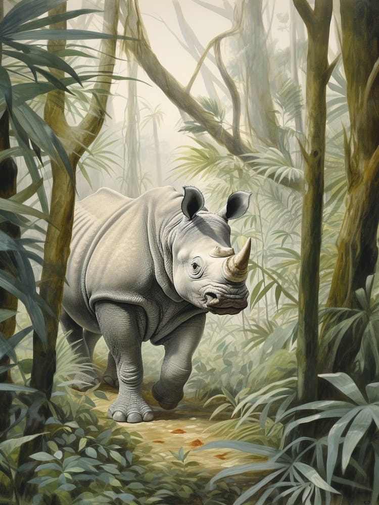 Rhino In The Trees Realistic Illustration 3