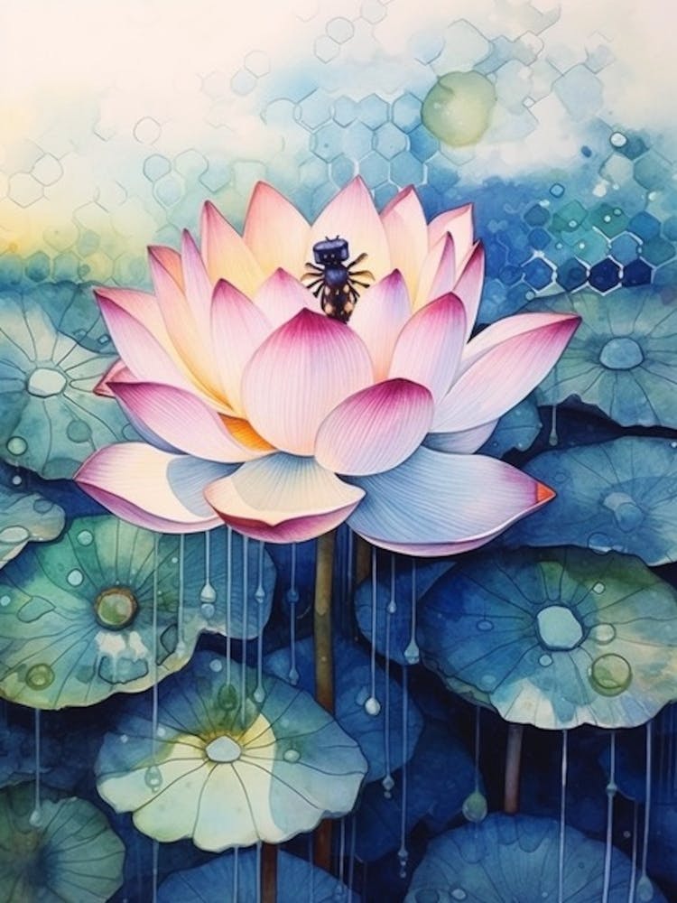 Beehive With Lotus Watercolour Illustration 1