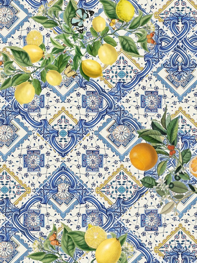 Blaue Azulejos-Fliesen und Zitrusfrüchte