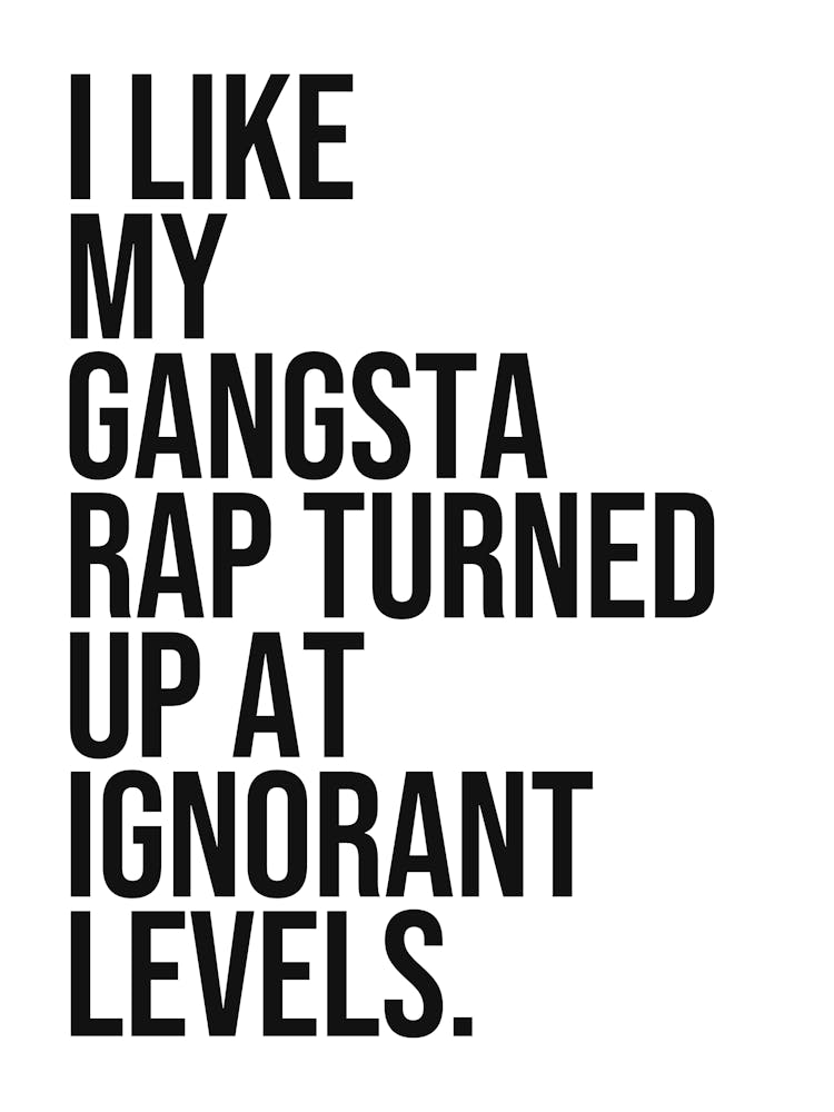 I like my gangsta rap turned up at ignorant levels quote, rap, hip hop, music, cool, sassy, saying, phrase, minimal, funny, humor, mood, vibes, home