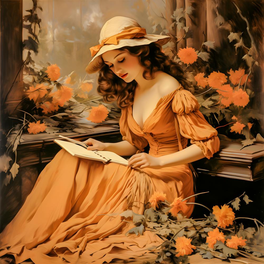Romantische lesende Dame in einem floralen Ambiente - Vintage-Kunstillustration