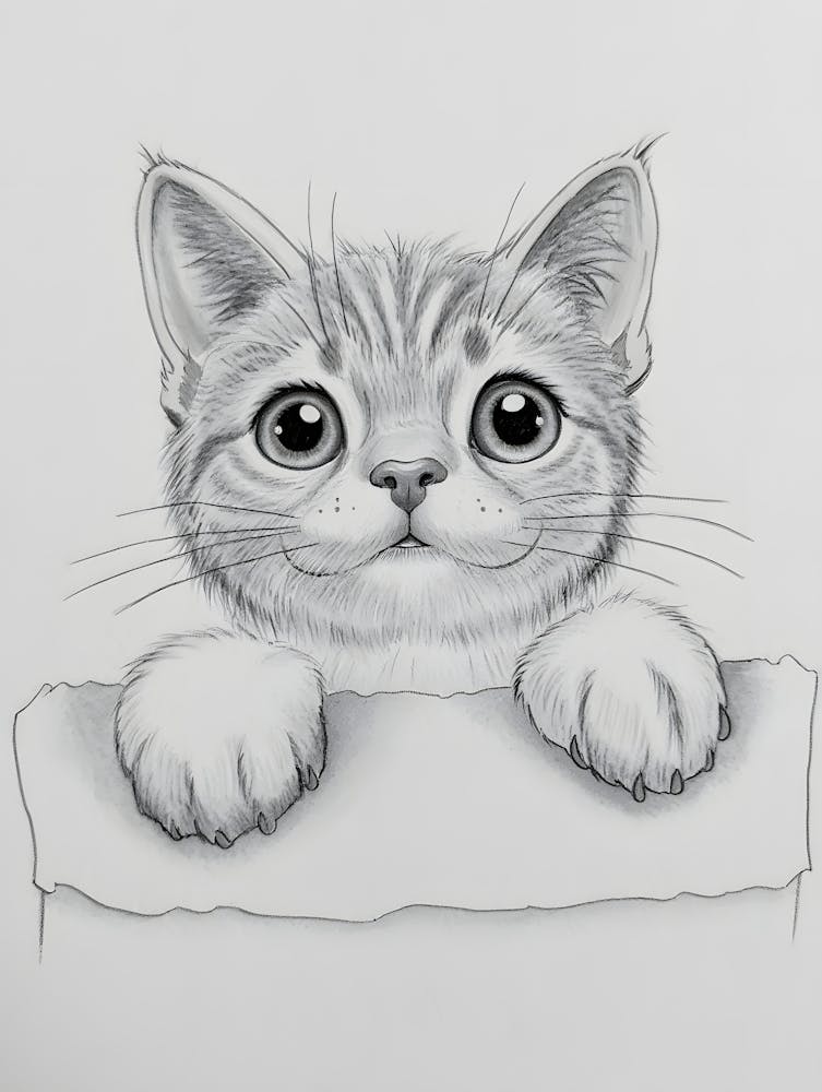 Cute Big-Eyed Kitten Pencil Sketch Peeking Over Edge