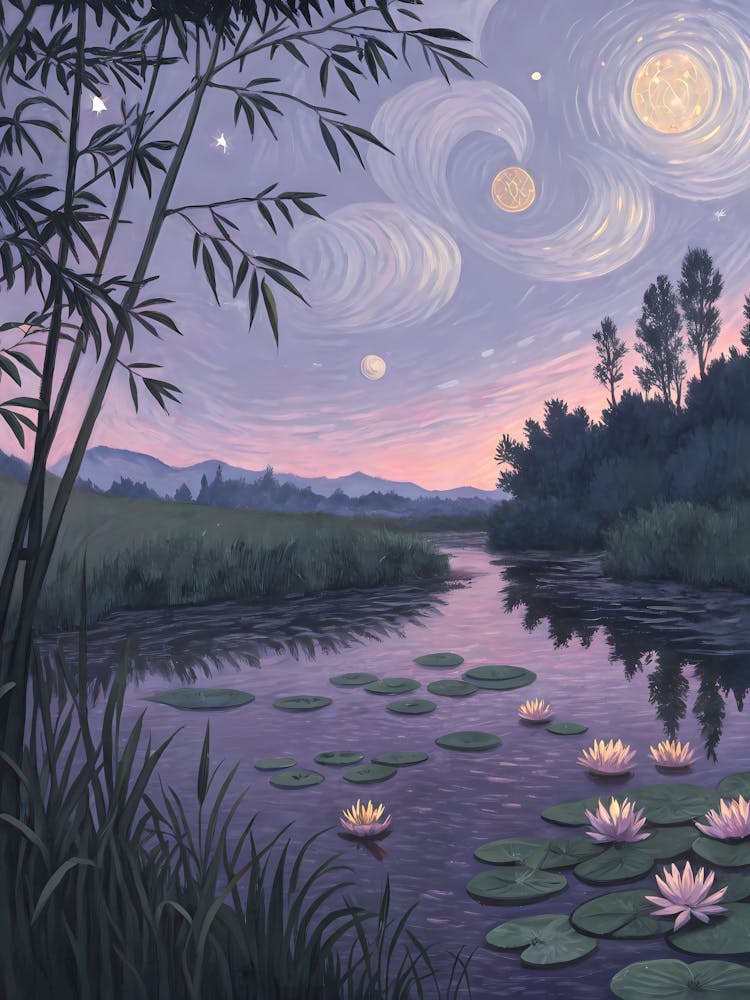 Van Gogh Bamboo River Starry Night with Lotus Blooms