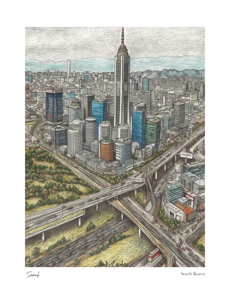 Seoul South Korea Drawing Pencil Style 2 Travel Poster