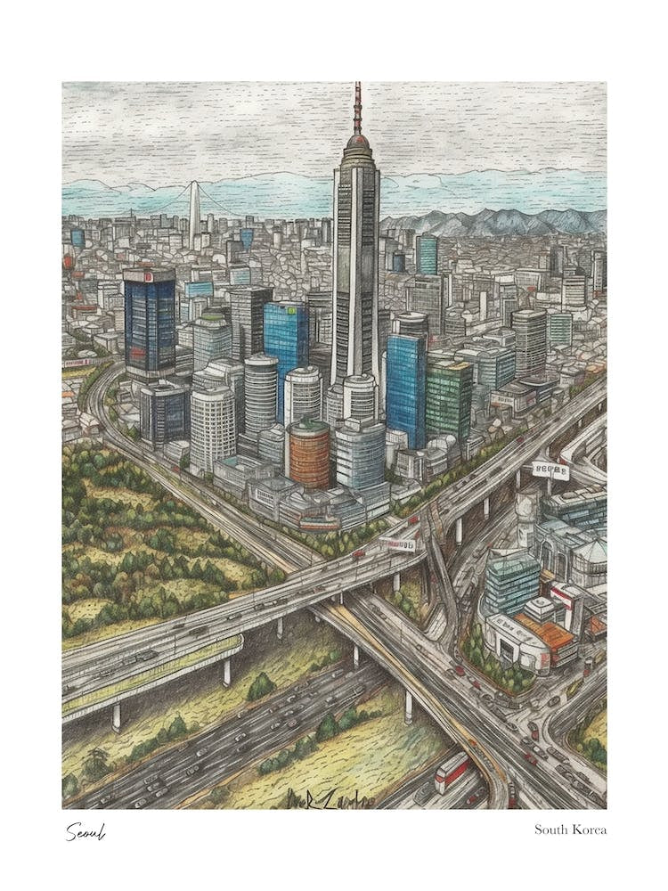 Seoul South Korea Drawing Pencil Style 2 Travel Poster
