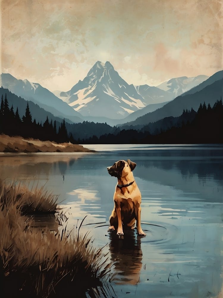 Dog enjoying serenity of the Lake in Mountain range