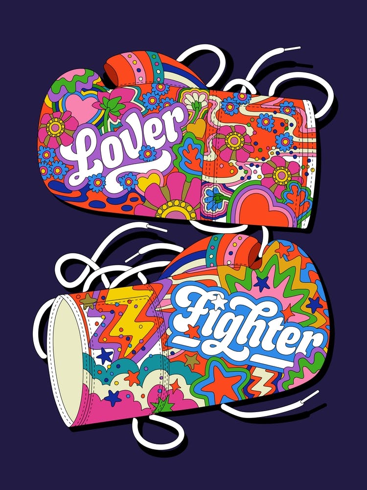 Lover & Fighter Psychedelic Colourful Boxing Gloves, Positivity