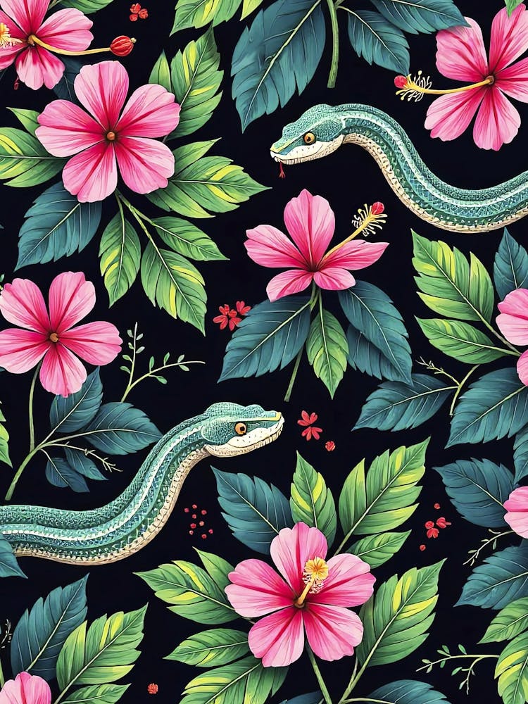 Tropical snakes and flowers - Chinese New Year 2025, seamless floral poster 3