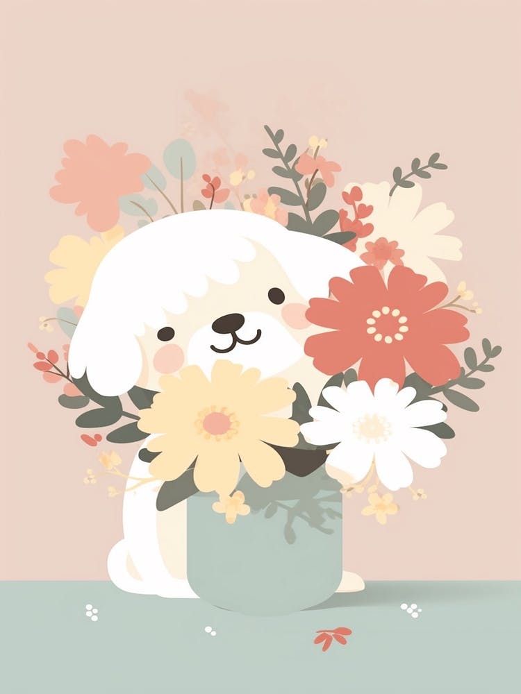 Dog And Flowers Kawaii Illustration 2
