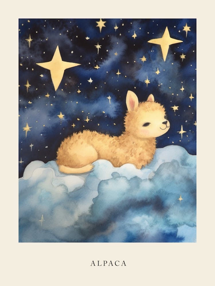 Baby Alpaca Sleeping In The Clouds Nursery Poster