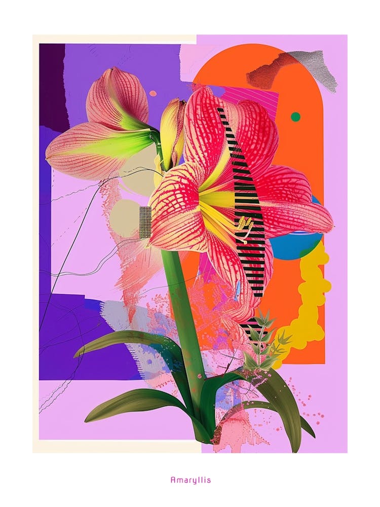 Amaryllis 6 Neon Flower Collage Poster