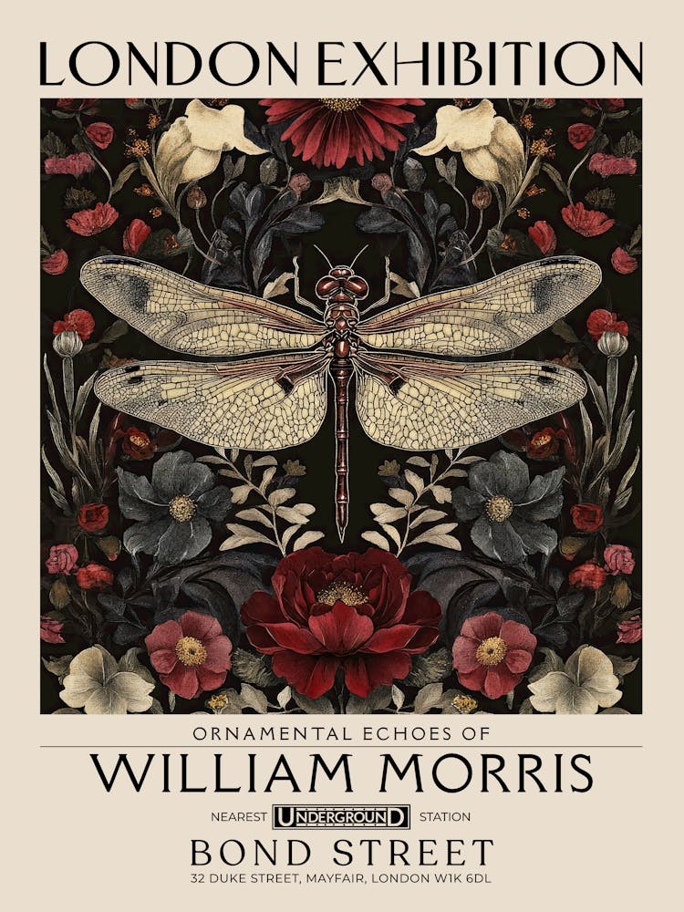 William Morris Libellen- und Blumenkunstwerk in warmen Erdtönen, Insekten- und Blumenmuster Dark Academia Bibliothek Botanischer Vintage-Druck, Wohnzimmer Vintage-Dekor Floral Wandteppich Viktorianische Naturkunst 17