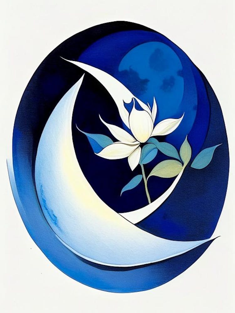 Crescent Moon And Lotus Symbol Blue And White Line Drawing