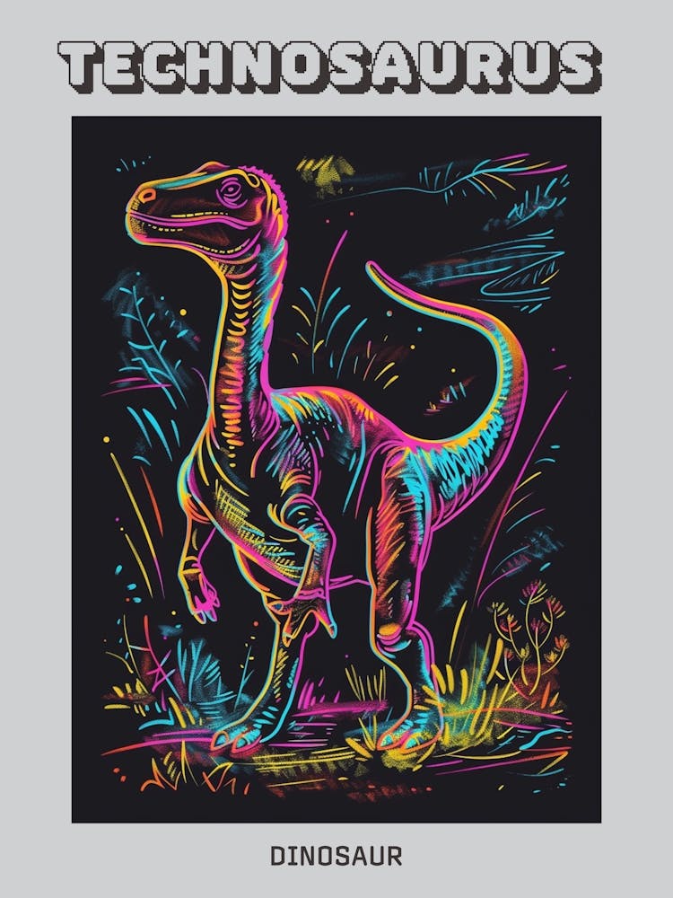 Neon Rainbow Dinosaur Line Illustration With Black Background 2 Poster