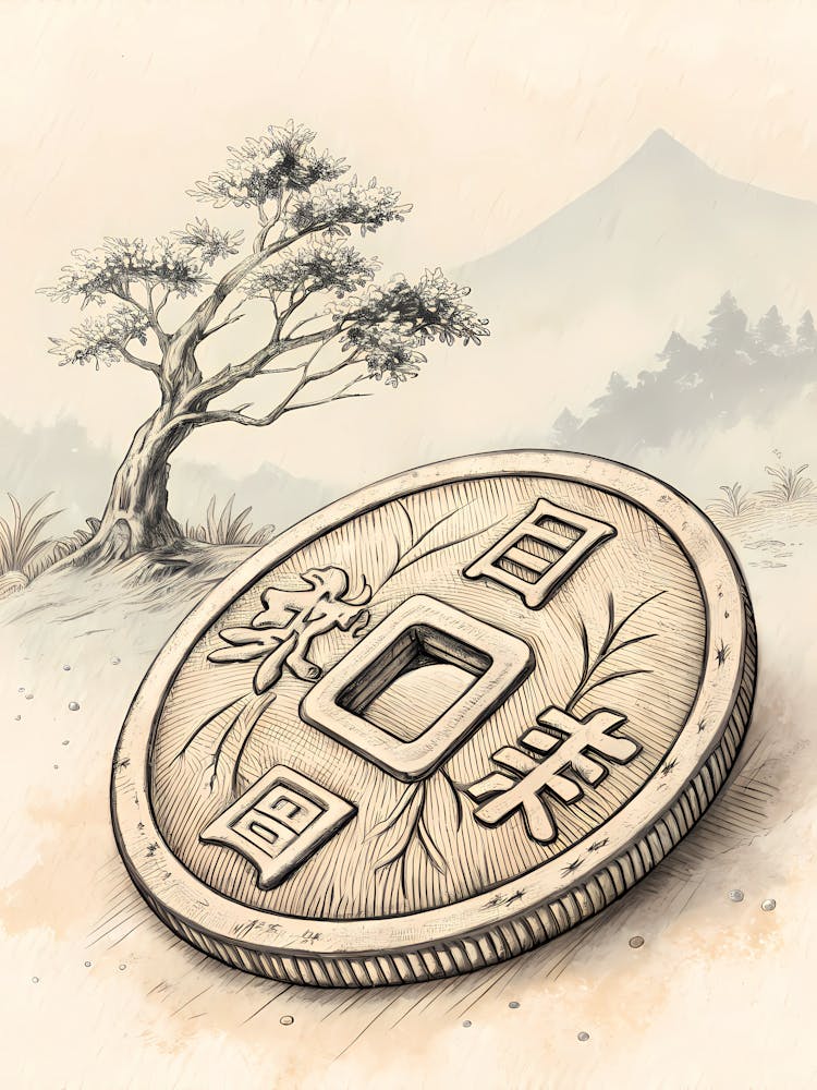 Minimalist Ink Sketch Of Old Japanese Coin Textu