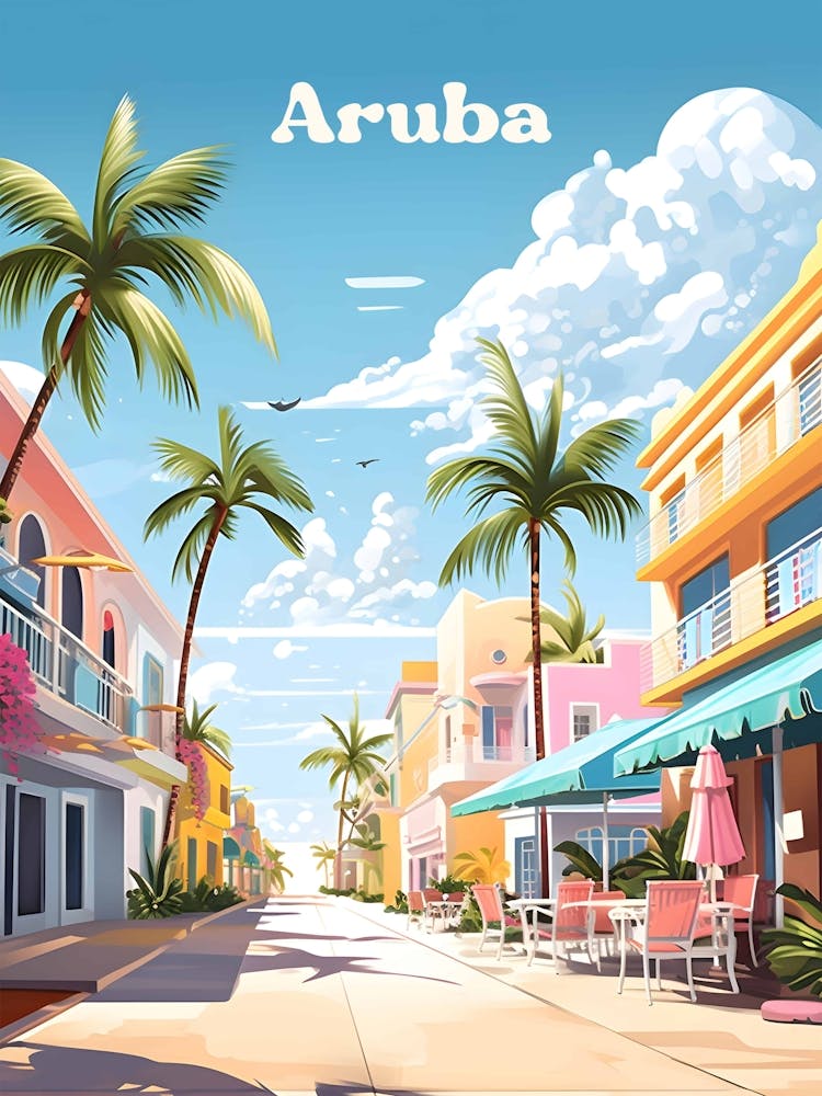 Aruba Caribbean Tropical Island Travel Illustration Art