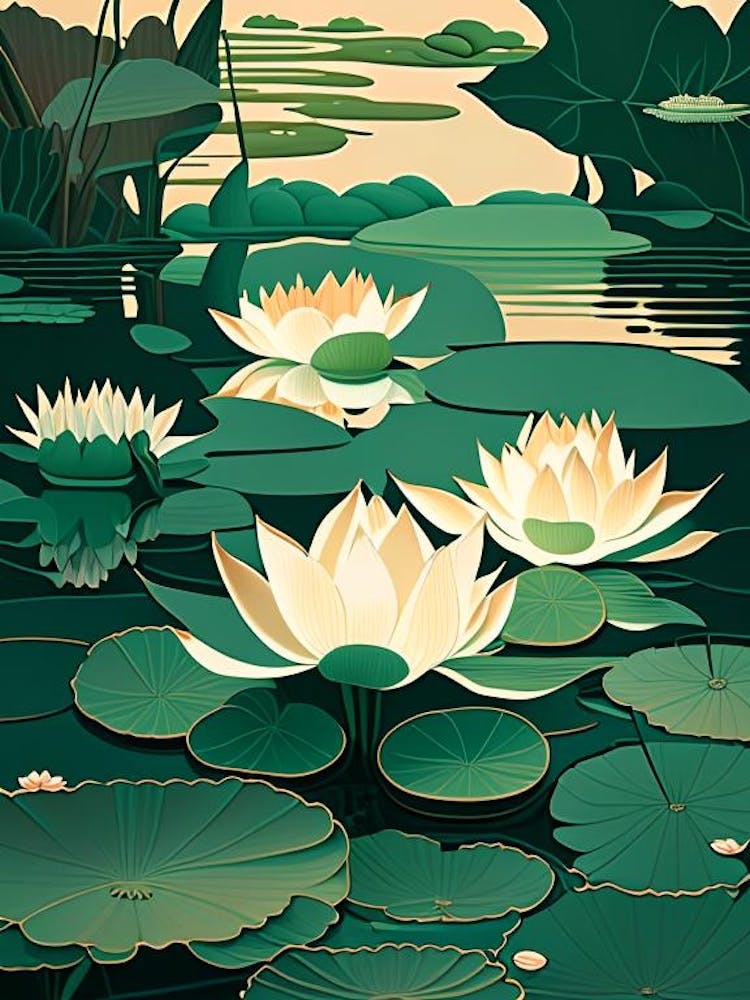 Water Lilies Waterscape Retro Illustration 2