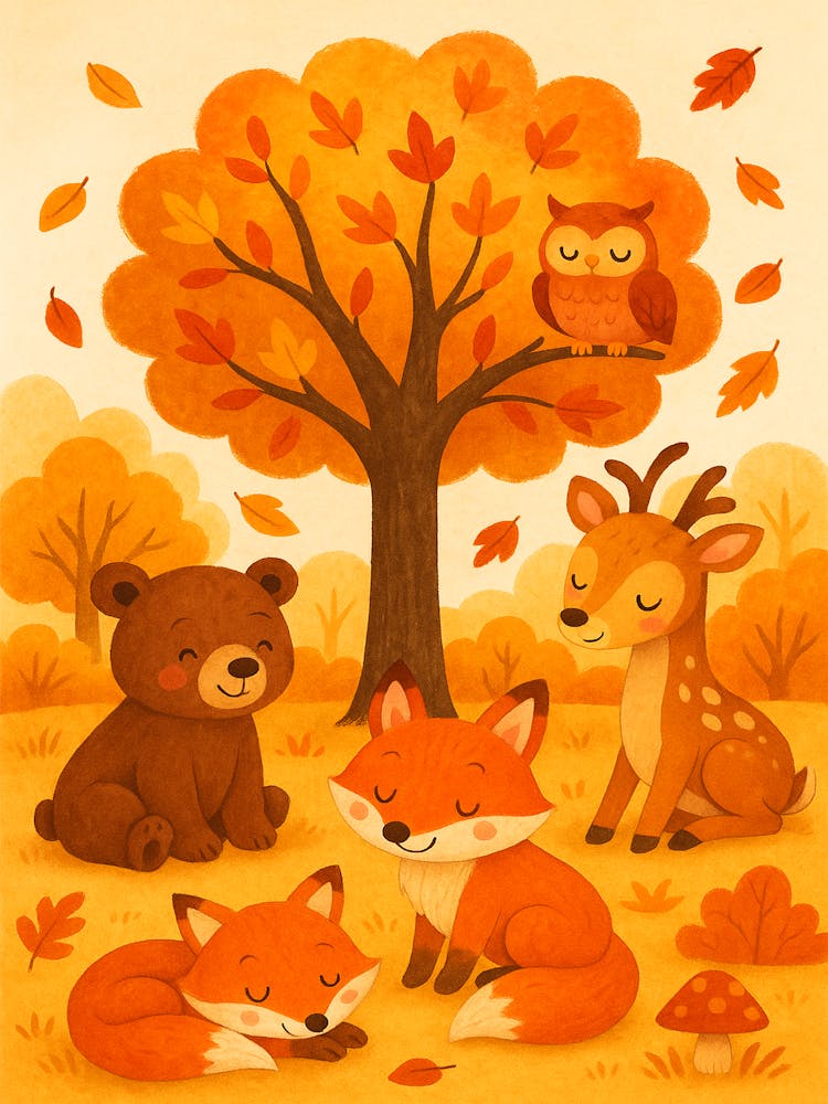 Autumn Woodland Animals – Cute Fox, Bear, Owl & Deer Illustration – Nursery Wall Decor