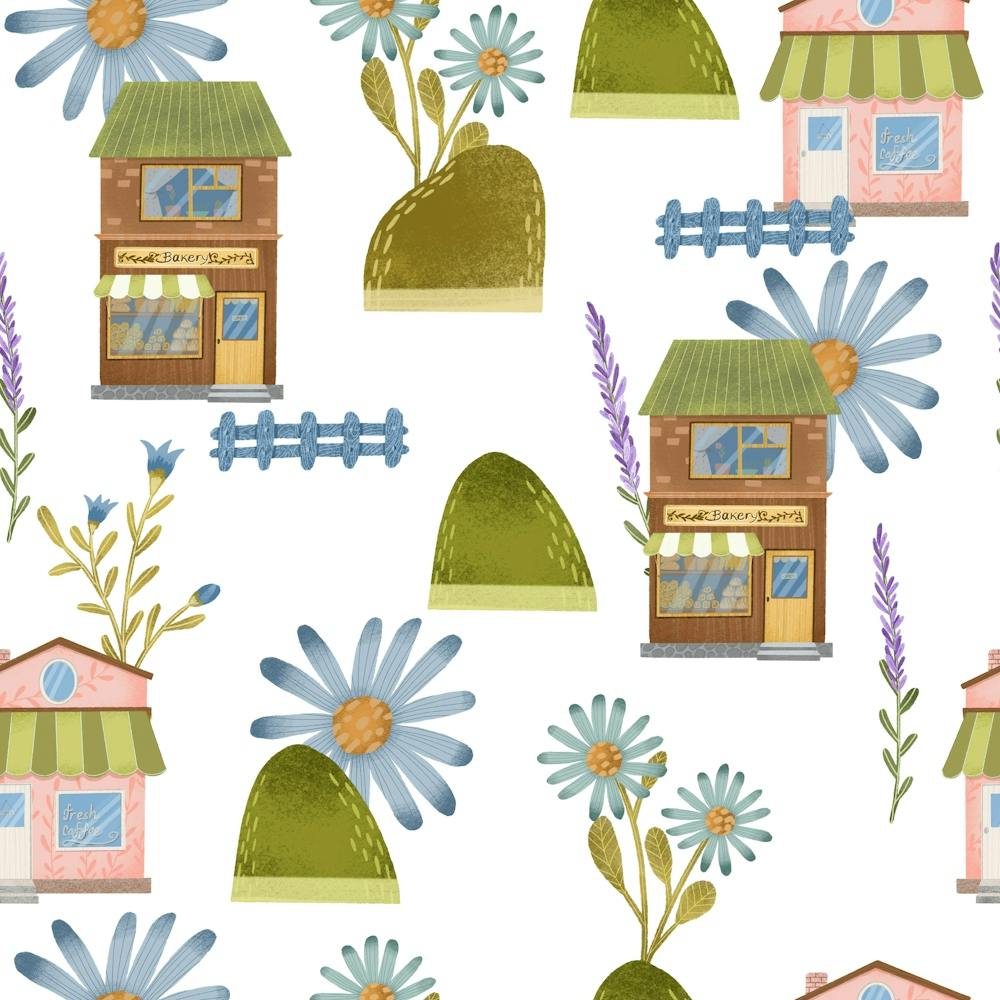 Hand drawn cozy Cottages And Flowers