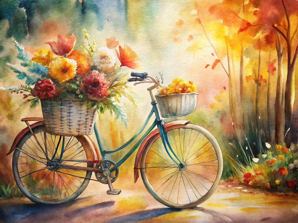 Ein Korb frischer Blumen auf einem Fahrrad umgebe