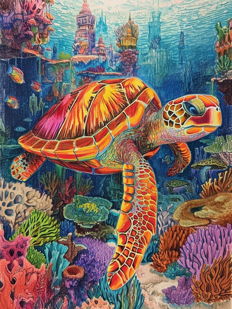 Sea Turtle In A Rainbow Underwater World Pencil Drawing