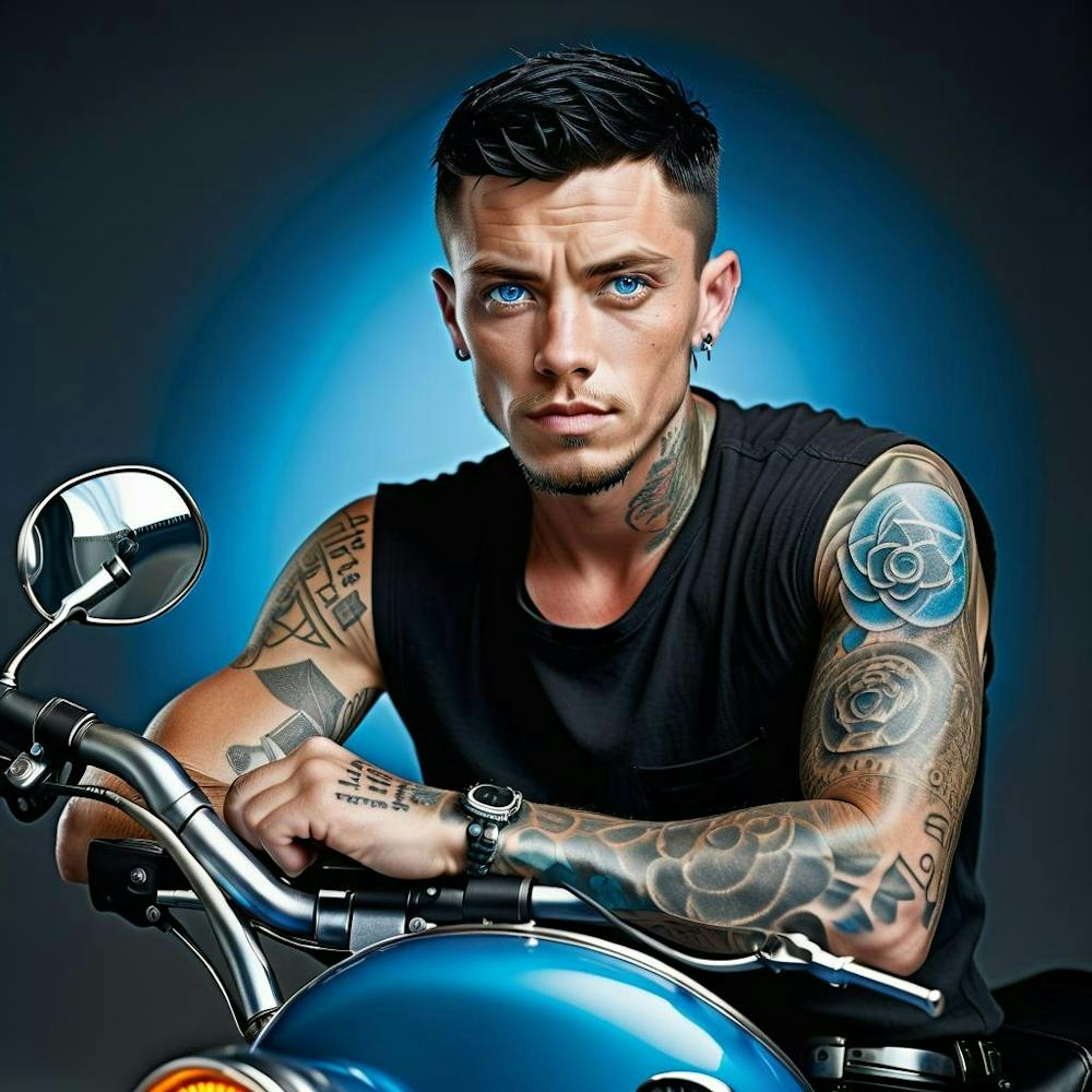 Tattooed Man On Motorcycle