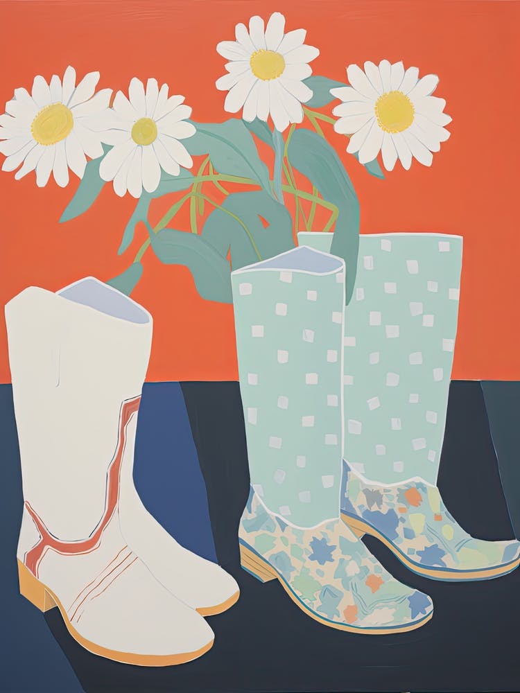 A Painting Of Cowboy Boots With Daisies Flowers, Pop Art Style 1
