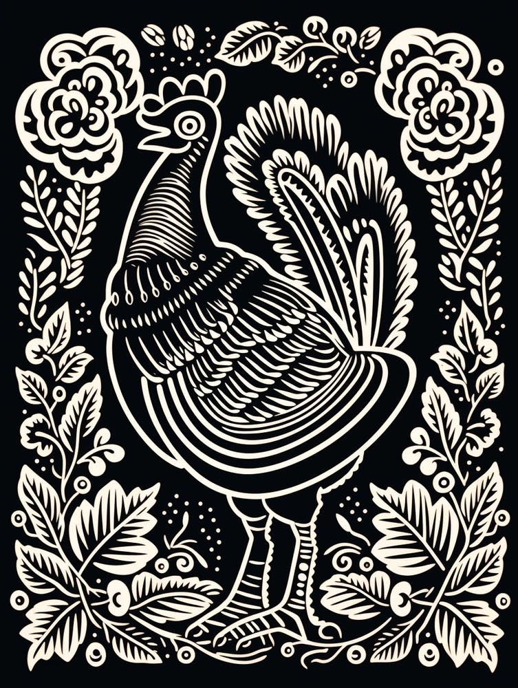 Linogravure d'oiseau N&B Dindon 1