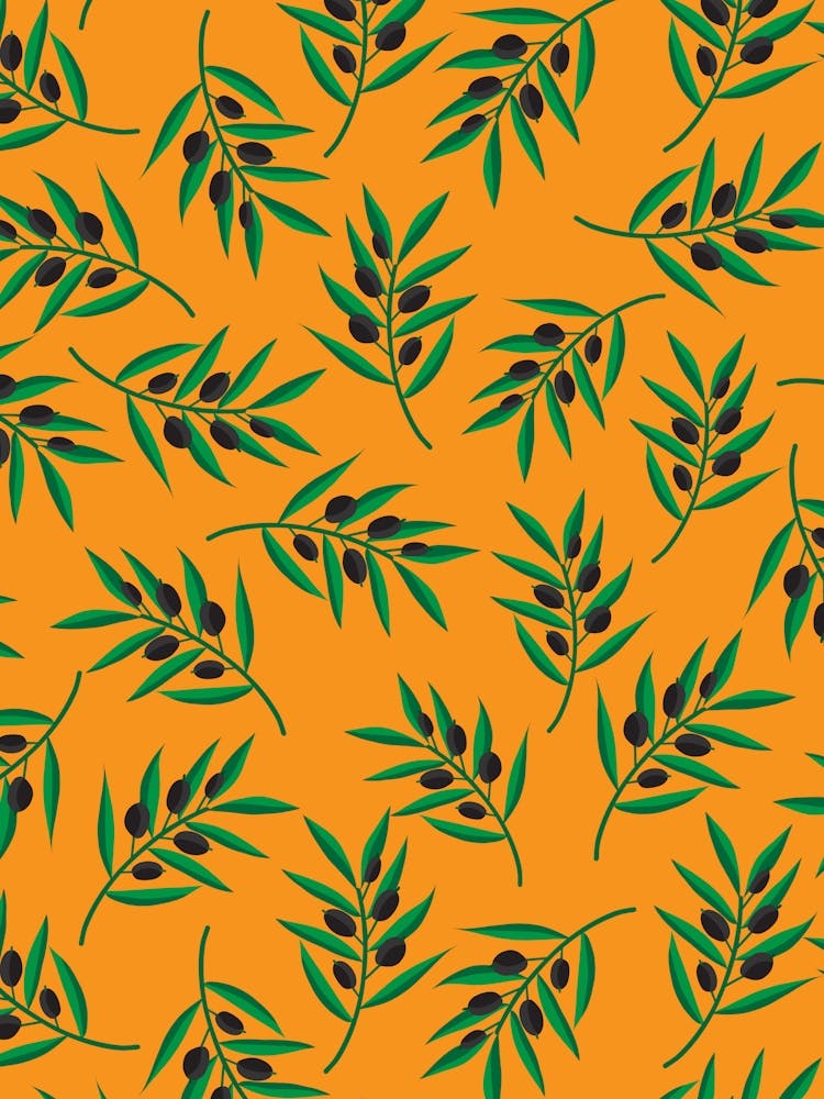 Scattered Olive Branches Black Olives on Bright Orange
