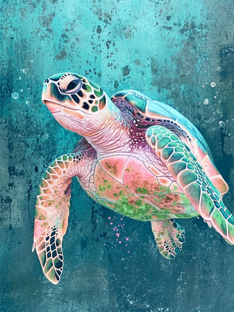 Sea Turtle Deep In The Ocean Textured Painting 1
