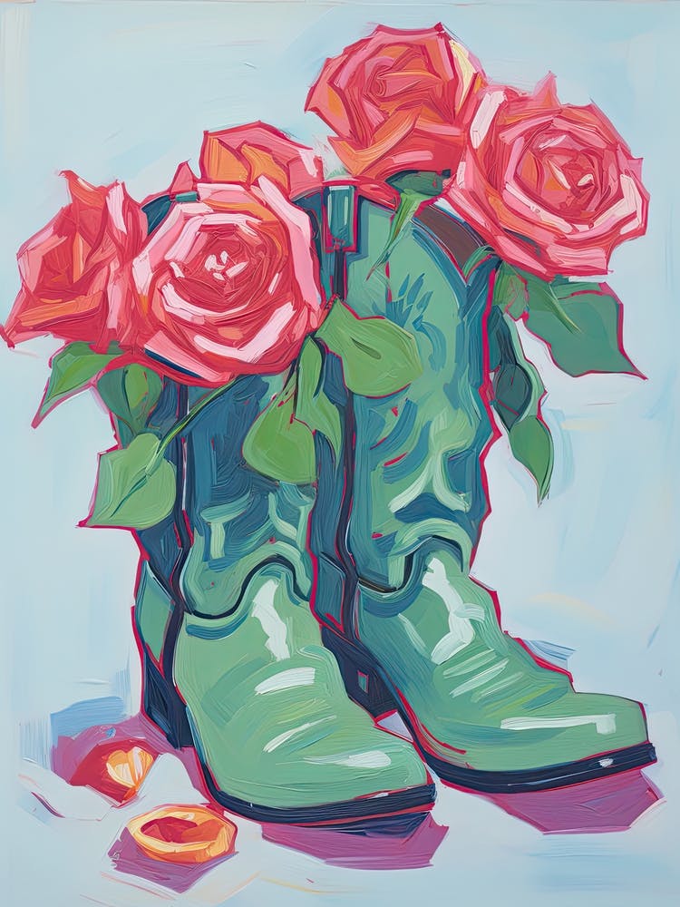 A Painting Of Cowboy Boots With Roses Flowers, Fauvist Style, Still Life 4