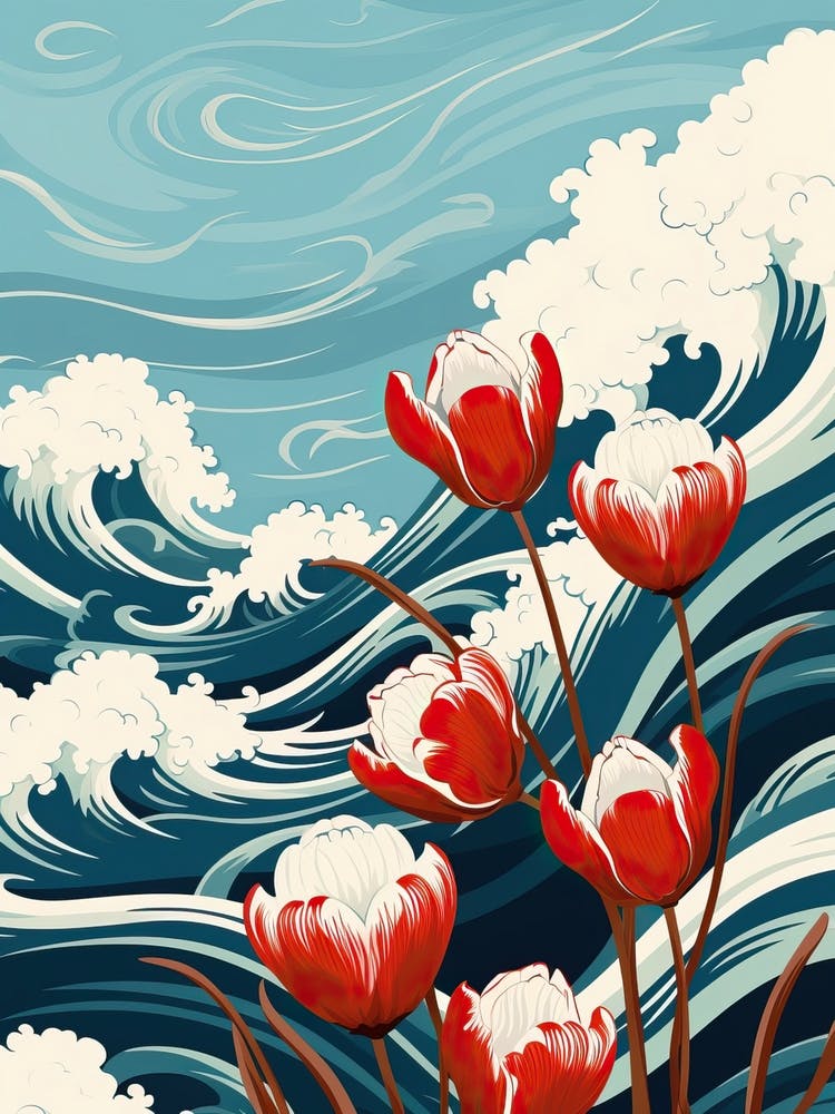 Great Wave With Tulip Flower Drawing In The Style Of Ukiyo E 1