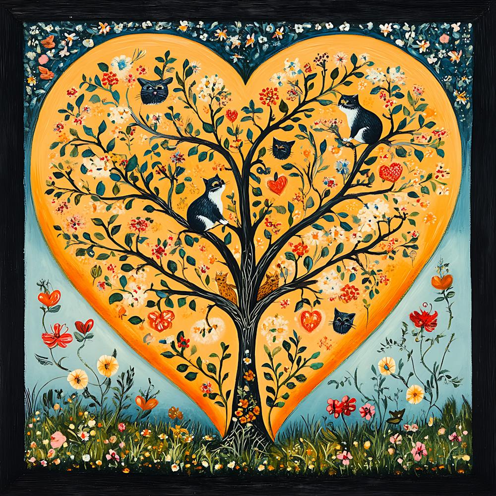 Folk Art Heart Tree Cat Climbing Artwork