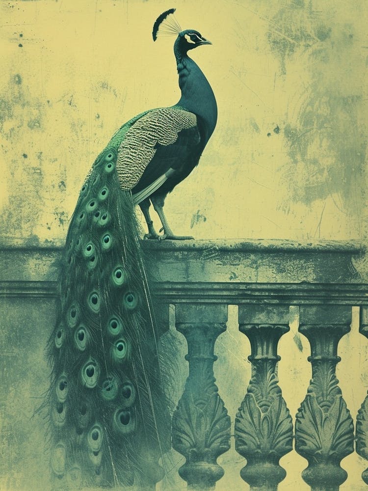 Vintage Peacock On A Banister Cyanotype Inspired 3