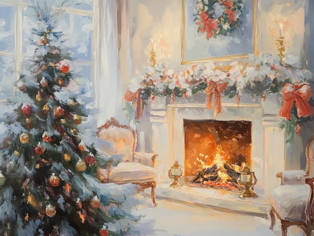 Christmas In The Living Room With Fireplace