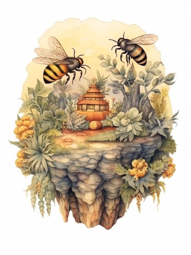 Europäische Wollkardelbiene Bienenstock Aquarell-Illustration 3