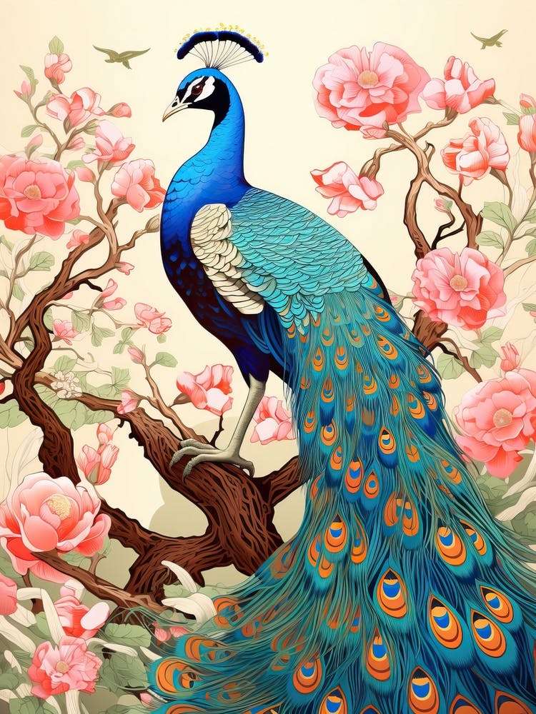 Peacock Animal Drawing In The Style Of Ukiyo E 7