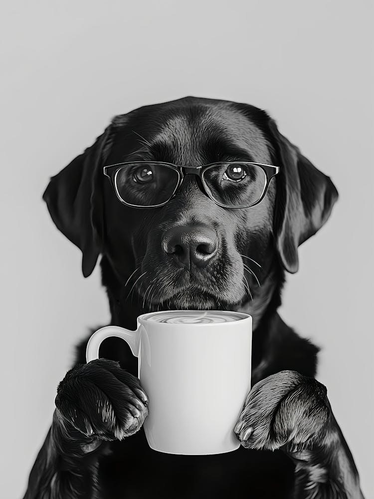 Black Labrador Drinking Coffee Wall Art, Black And White Print, Coffee Lover Print, Black Lab Gift, Funny Dog Poster, Kitchen Wall Decor